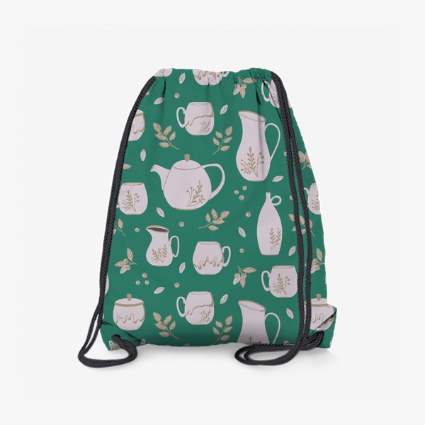 Рюкзак «Паттерн с керамической посудой и растениями на зеленом фоне»