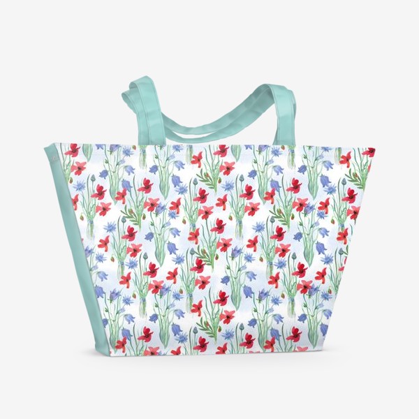 Пляжная сумка «Акварельный цветочный принт с колокольчиками и маками»