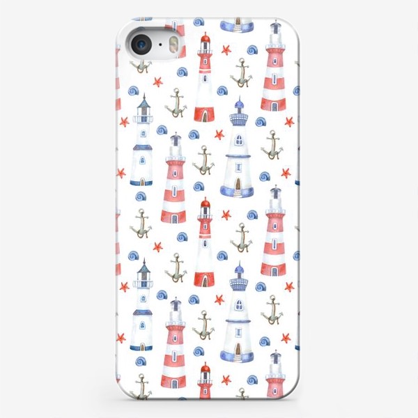 Чехол iPhone «Акварельный морской паттерн с маяками»