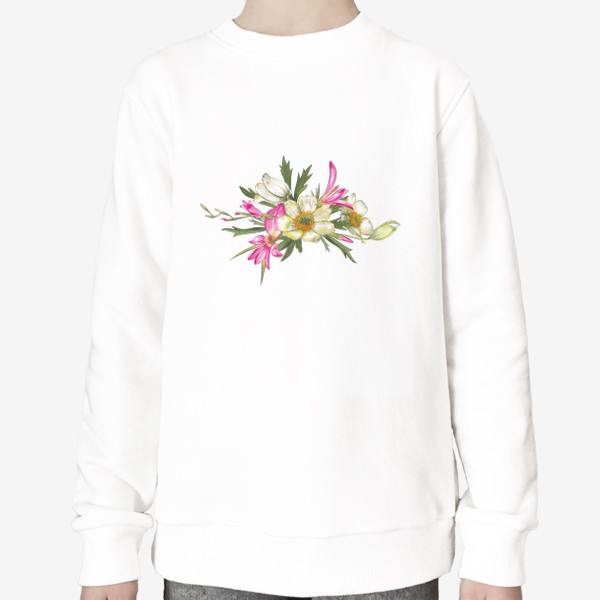 Свитшот «Розовый дикий гладиолус и белые анемоны Букет полевых цветов»