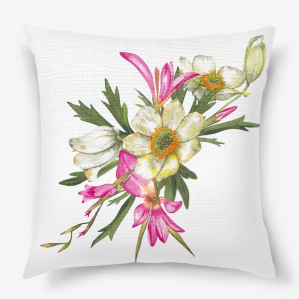 Подушка «Розовый дикий гладиолус и белые анемоны Букет полевых цветов»