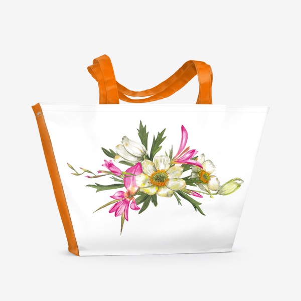 Пляжная сумка «Розовый дикий гладиолус и белые анемоны Букет полевых цветов»