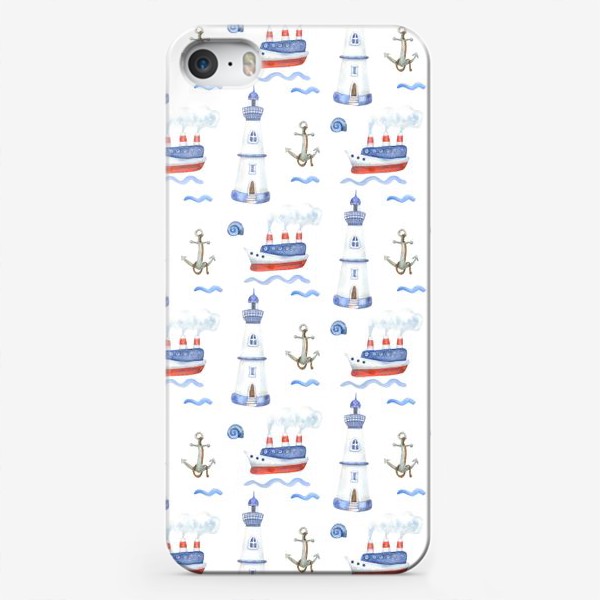 Чехол iPhone «Морской акварельный принт с пароходами и маяками»