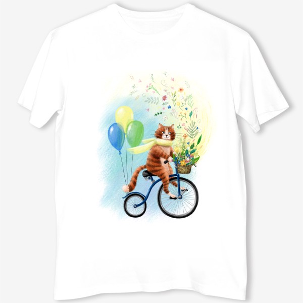 Футболка «Милый рыжий котик на велосипеде с шариками и корзиной цветов, солнечный, яркий, жизнерадостный весенний или летний принт»