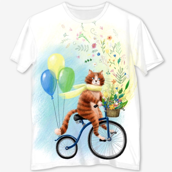 Футболка с полной запечаткой «Милый рыжий котик на велосипеде с шариками и корзиной цветов, солнечный, яркий, жизнерадостный весенний или летний принт»