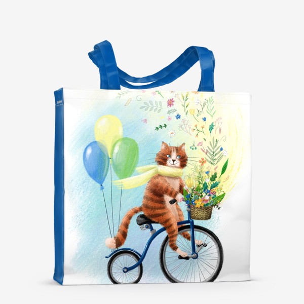 Сумка-шоппер &laquo;Милый рыжий котик на велосипеде с шариками и корзиной цветов, солнечный, яркий, жизнерадостный весенний или летний принт&raquo;