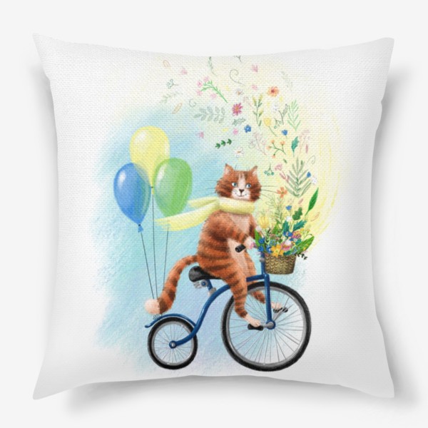 Подушка «Милый рыжий котик на велосипеде с шариками и корзиной цветов, солнечный, яркий, жизнерадостный весенний или летний принт»