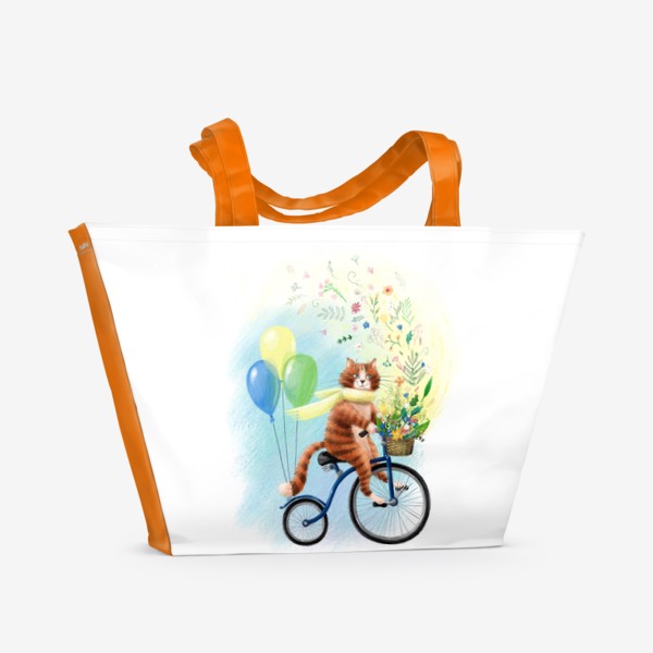 Пляжная сумка &laquo;Милый рыжий котик на велосипеде с шариками и корзиной цветов, солнечный, яркий, жизнерадостный весенний или летний принт&raquo;