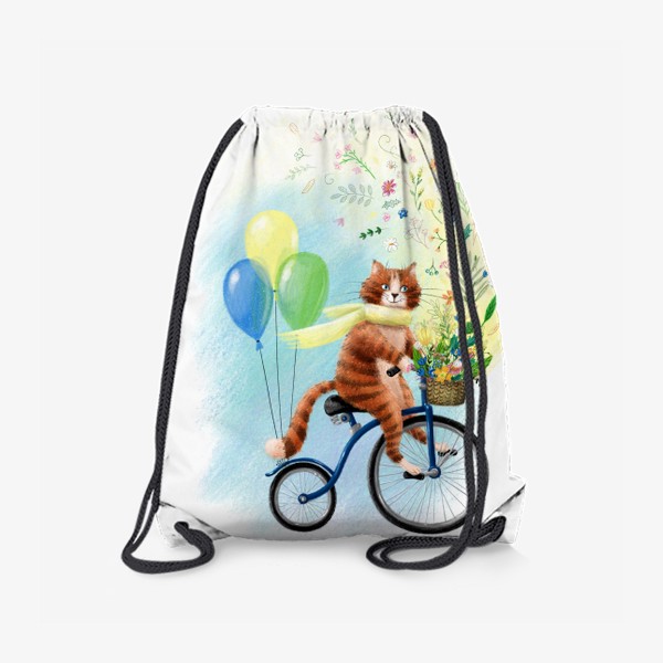 Рюкзак «Милый рыжий котик на велосипеде с шариками и корзиной цветов, солнечный, яркий, жизнерадостный весенний или летний принт»
