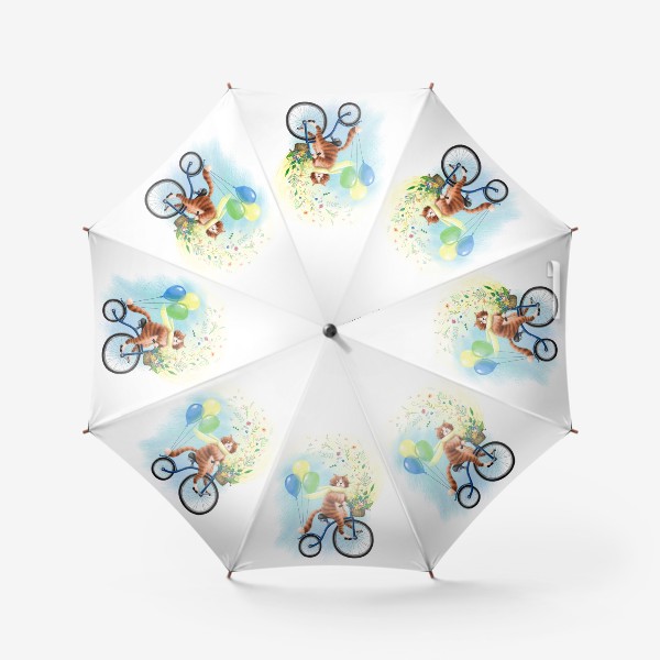 Зонт «Милый рыжий котик на велосипеде с шариками и корзиной цветов, солнечный, яркий, жизнерадостный весенний или летний принт»