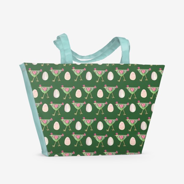 Пляжная сумка «Пасхальный акварельный  паттерн Курочки на зеленом»