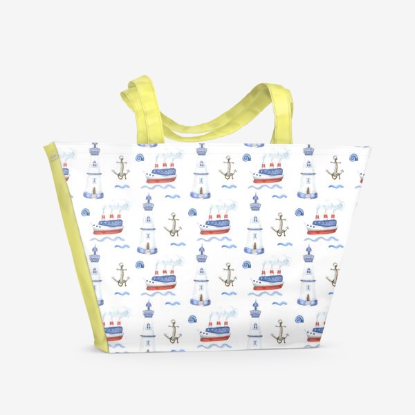 Пляжная сумка &laquo;Морской акварельный принт с пароходами и маяками&raquo;