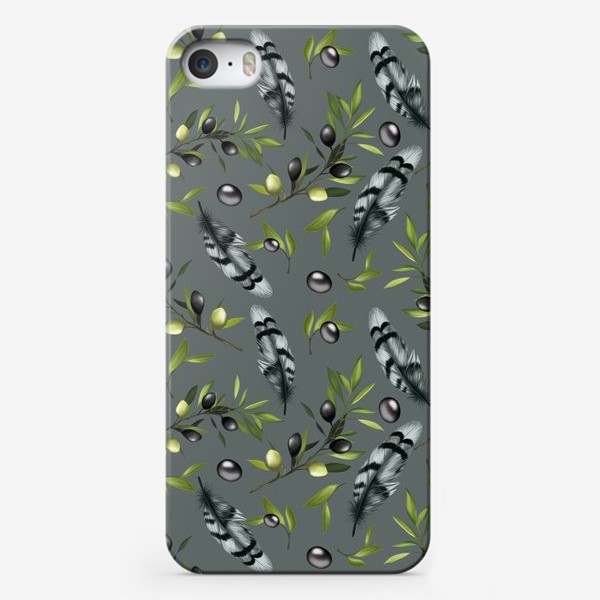 Чехол iPhone «Оливки и перышко на зеленом фоне»
