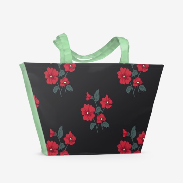 Пляжная сумка «Красные цветы на черном»