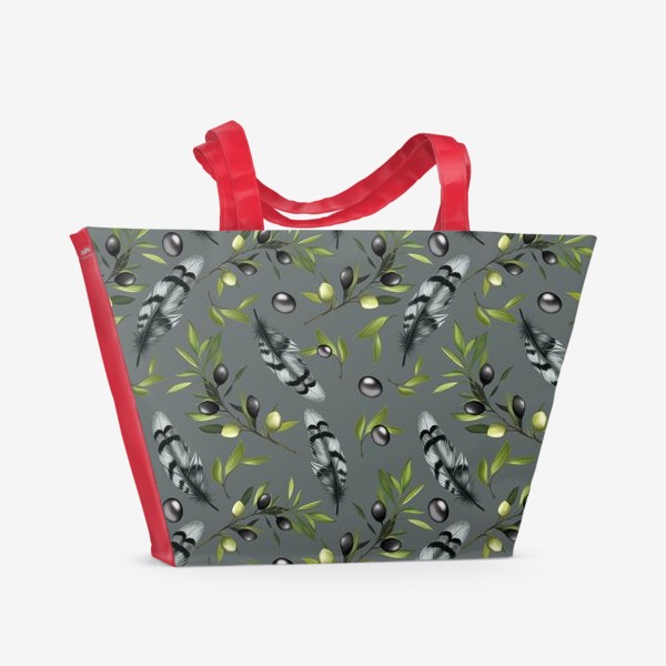 Пляжная сумка «Оливки и перышко на зеленом фоне»
