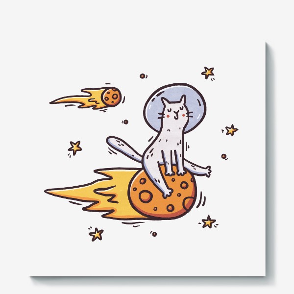 Холст &laquo;Милый кот летит на комете. Космос. Космонавт. Звезды&raquo;