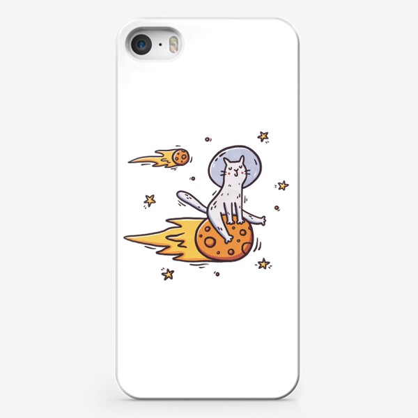 Чехол iPhone «Милый кот летит на комете. Космос. Космонавт. Звезды»