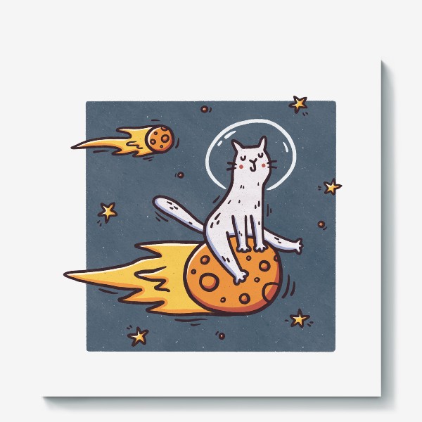 Холст «Милый кот летит на комете. Космос. Космонавт. Звезды. Синий фон»