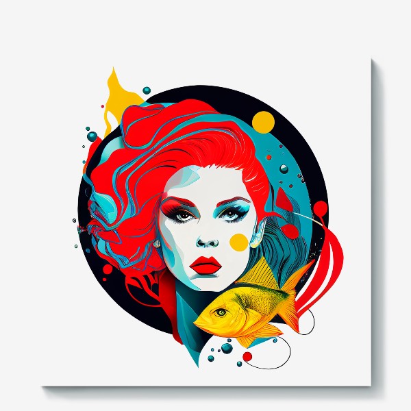Холст «Знак зодиака Рыбы. Девушка и золотая рыбка. Поп-арт»