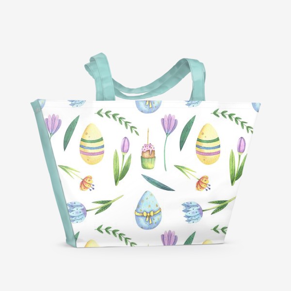 Пляжная сумка &laquo;Подарок на Пасху. Акварельный милый пасхальный принт. Пасхальные яйца и куличи&raquo;
