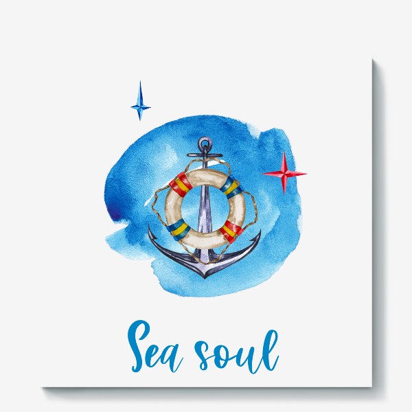 Холст «Sea soul Морская душа Корабельный якорь и спасательный круг с путеводными звездами»