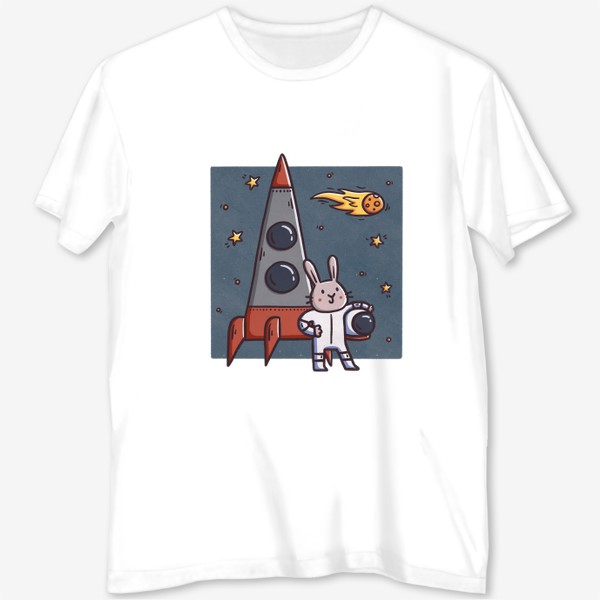 Футболка с полной запечаткой «Милый заяц - космонавт. Космос. Ракета»