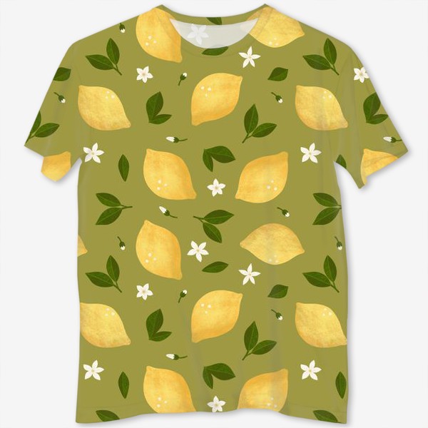 Футболка с полной запечаткой «Лимоны на зеленом фоне Лимонный принт Летний принт с лимонами»