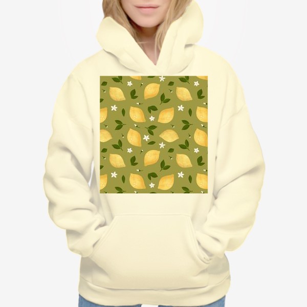 Худи «Лимоны на зеленом фоне Лимонный принт Летний принт с лимонами»