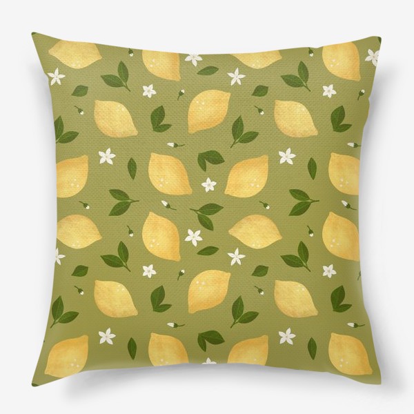 Подушка «Лимоны на зеленом фоне Лимонный принт Летний принт с лимонами»