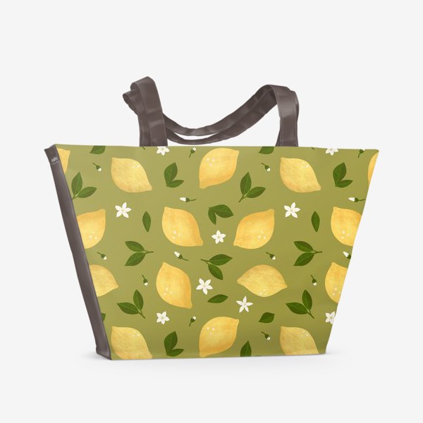 Пляжная сумка «Лимоны на зеленом фоне Лимонный принт Летний принт с лимонами»