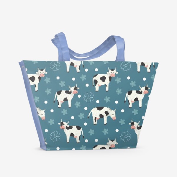 Пляжная сумка «Коровы и цветы на синем фоне Принт с коровами и горошком Молочные коровы»