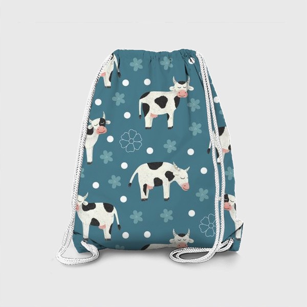 Рюкзак «Коровы и цветы на синем фоне Принт с коровами и горошком Молочные коровы»