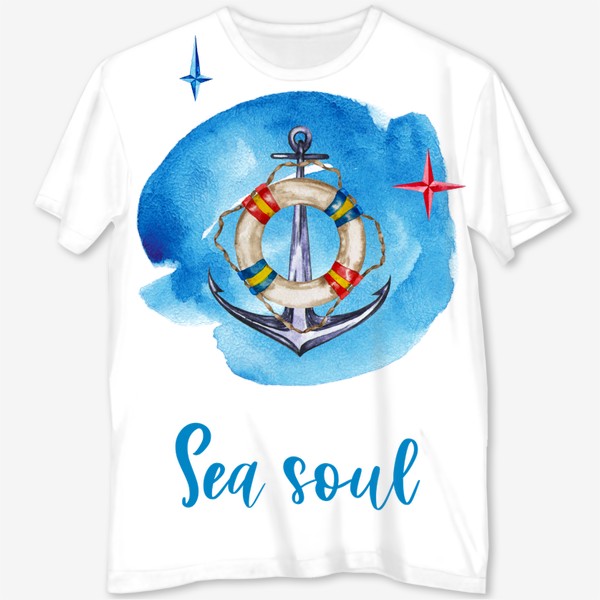 Футболка с полной запечаткой «Sea soul Морская душа Корабельный якорь и спасательный круг с путеводными звездами»