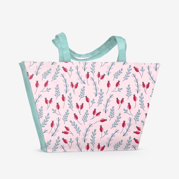 Пляжная сумка «Веточки и ягоды в мягких ретро цветах на розовом фоне»