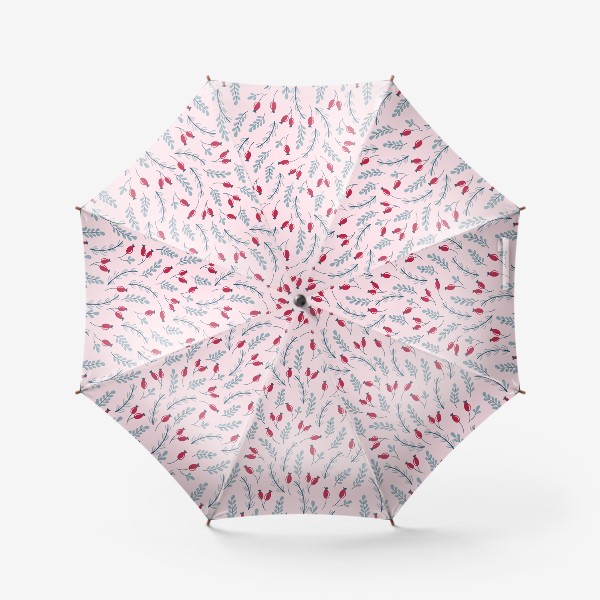 Зонт «Веточки и ягоды в мягких ретро цветах на розовом фоне»
