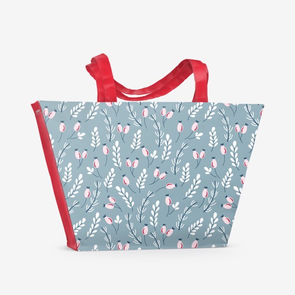 Пляжная сумка &laquo;Веточки и ягоды в мягких ретро цветах на голубом фоне. Пасха.&raquo;