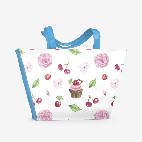 Пляжная сумка &laquo;Вишня, пирожное и зефир с цветами&raquo;