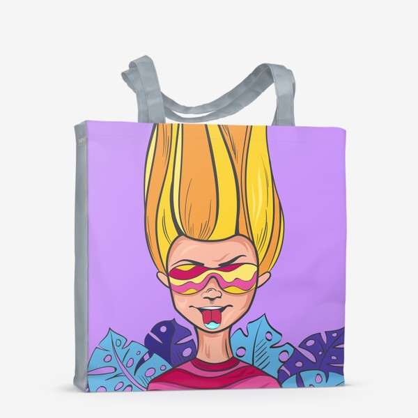 Сумка-шоппер «Девушка в очках. Персонаж комикса. Фиолетовый принт»