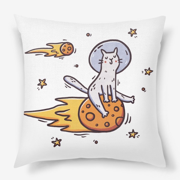 Подушка «Милый кот летит на комете. Космос. Космонавт. Звезды»