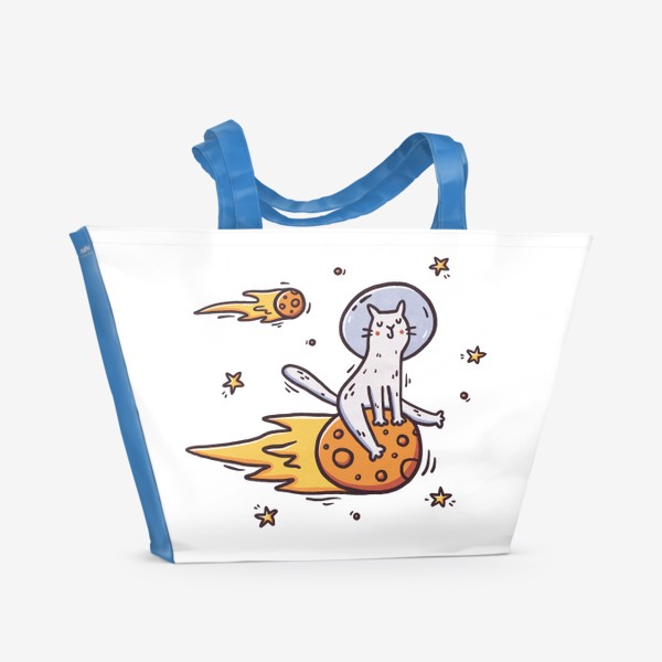 Пляжная сумка &laquo;Милый кот летит на комете. Космос. Космонавт. Звезды&raquo;