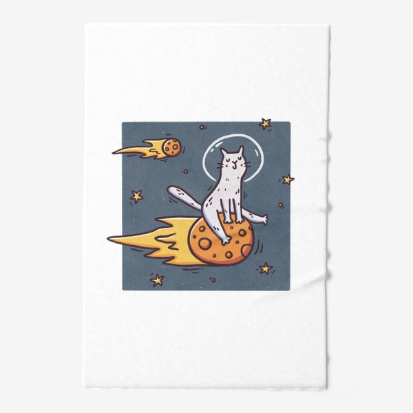 Полотенце «Милый кот летит на комете. Космос. Космонавт. Звезды. Синий фон»