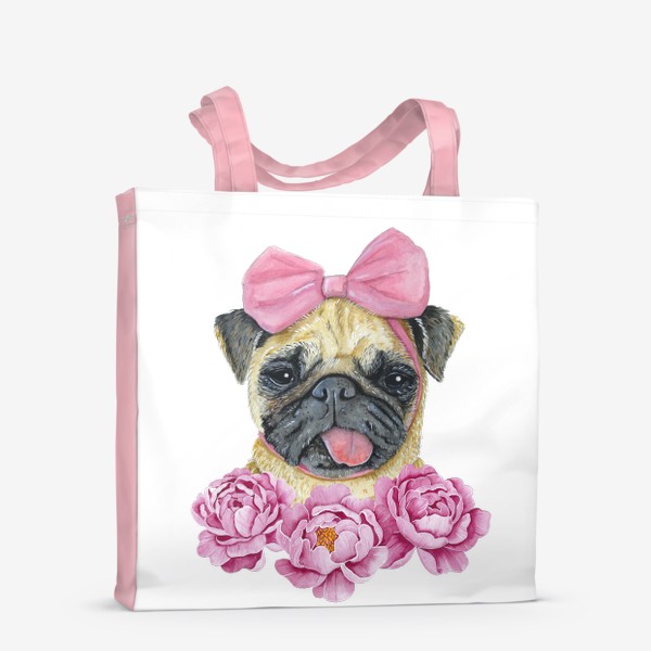 Сумка-шоппер «Милая собачка в цветах Пионы Мопс»
