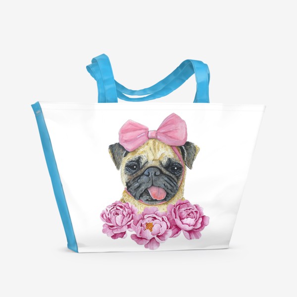 Пляжная сумка «Милая собачка в цветах Пионы Мопс»