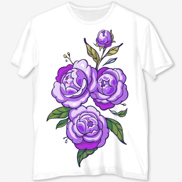 Футболка с полной запечаткой «Цветы пионы. Фиолетовые цветы. Розы»