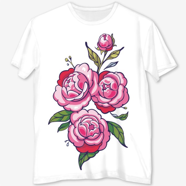 Футболка с полной запечаткой «Розовые цветы. Розовые пионы. Цветы пионы. Розы»