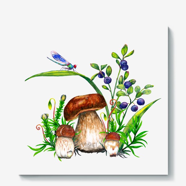 Холст «Семейка боровиков Белые грибы, черника, лесная трава, голубая стрекоза Подарок для грибника»