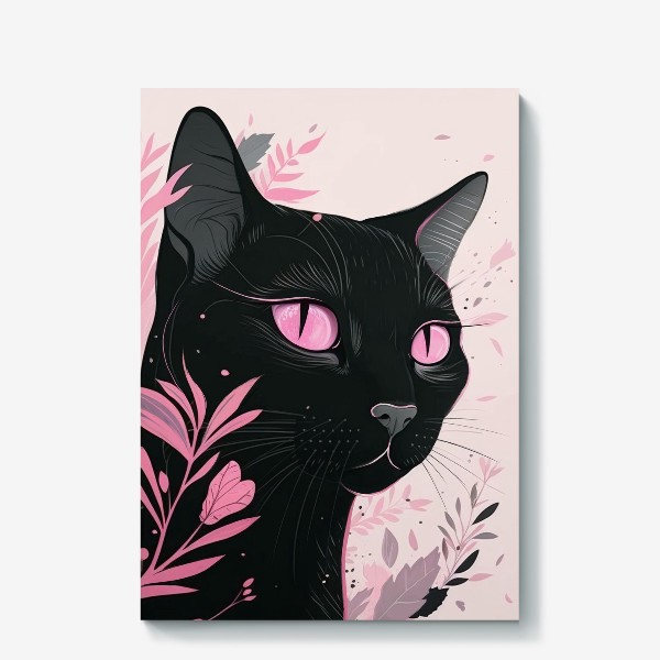 Холст «Черная кошка в розовом цвете»