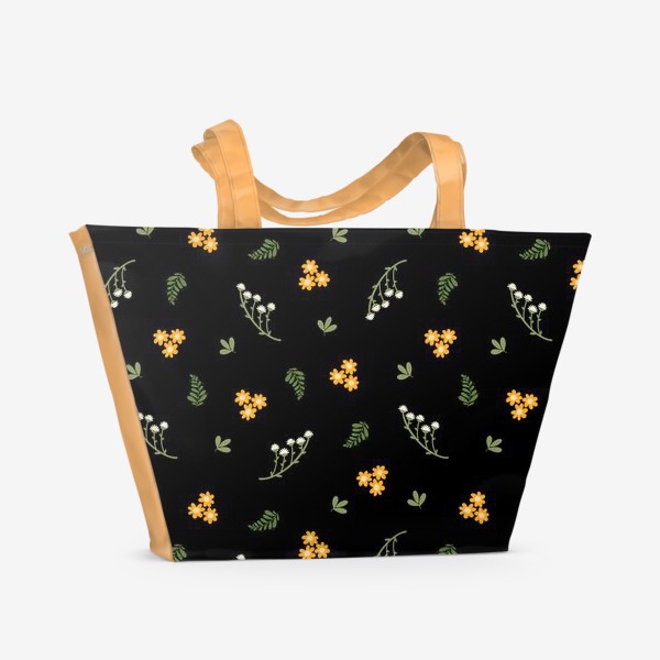 Пляжная сумка «Мелкие полевые цветы на черном фоне Принт с дикими полевыми цветами»