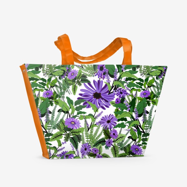 Пляжная сумка «Сиреневые цветы с зелеными листьями»
