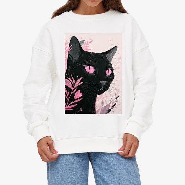 Свитшот &laquo;Черная кошка в розовом цвете&raquo;